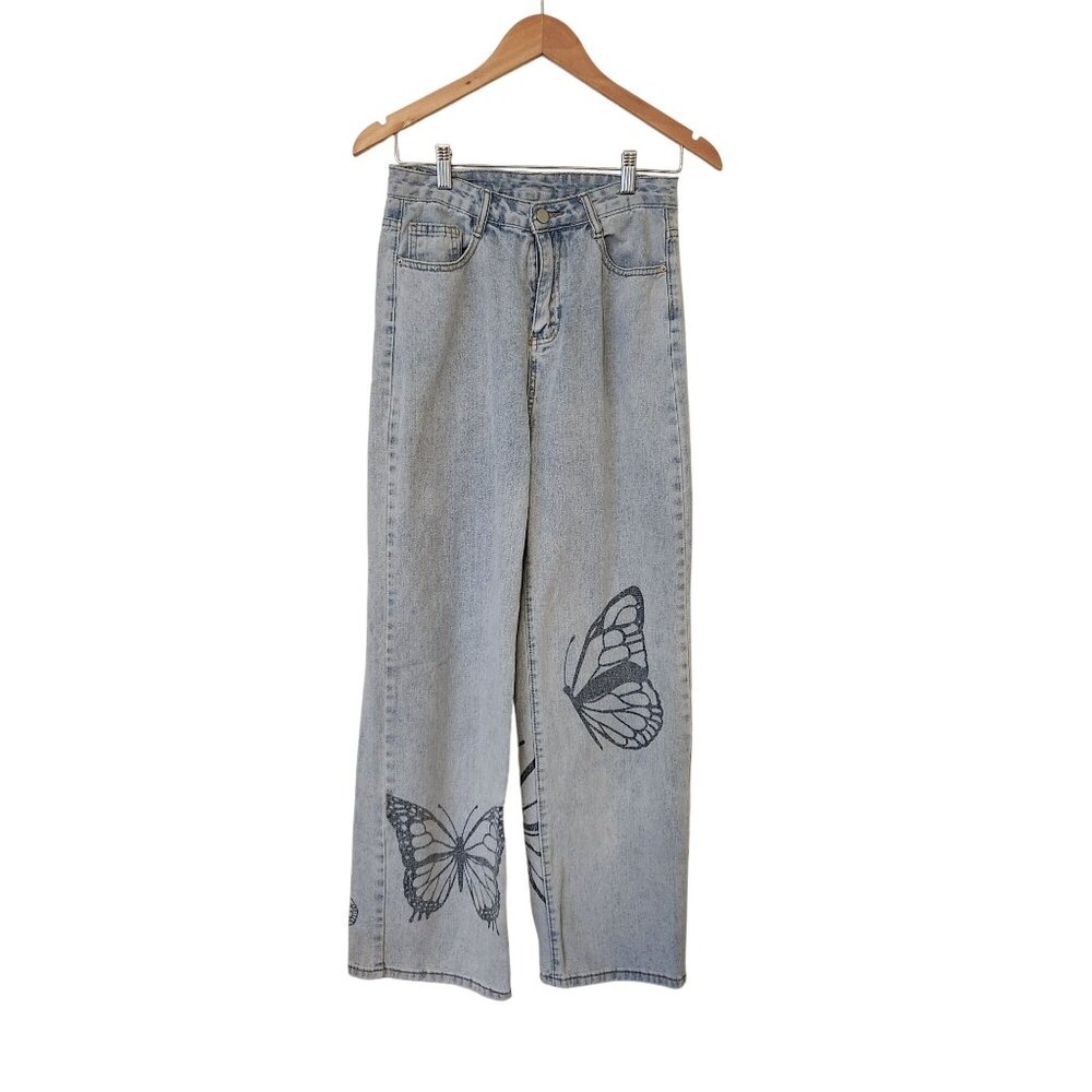 Shein Butterfly Print Light Wash Wide-Leg Jeans Boho Fairy Cottagecore Cute - Picture 2 of 11